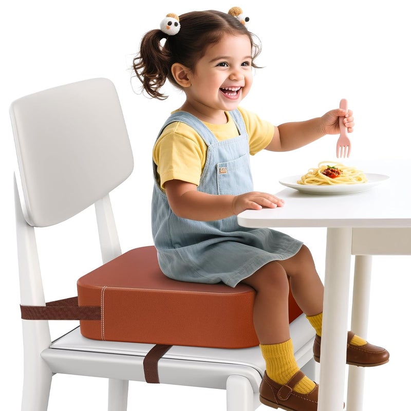 OPZAVYA Toddler Booster Seat for Dining Table and Kitchen Chair – Adjustable Safety Straps, PU Leather, Non-Slip, Easy to Clean, Portable Travel Foam Booster Cushion for Kids & Toddlers (Brown) - Image 1